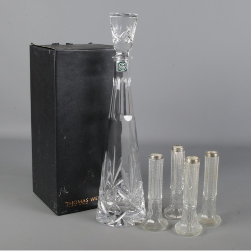 66 - A boxed Thomas Webb crystal decanter along with four silver rimmed specimen vases. Vases assayed for... 