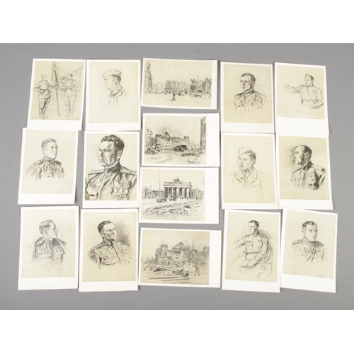 114 - Sixteen vintage Russian postcards, after Krichevsky, showing sketches of soldiers and German landmar... 