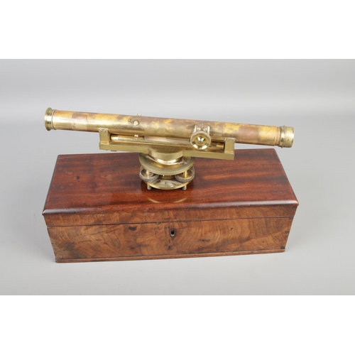 131 - A vintage brass Theodolite/Surveyors Level with original wooden case, signed 