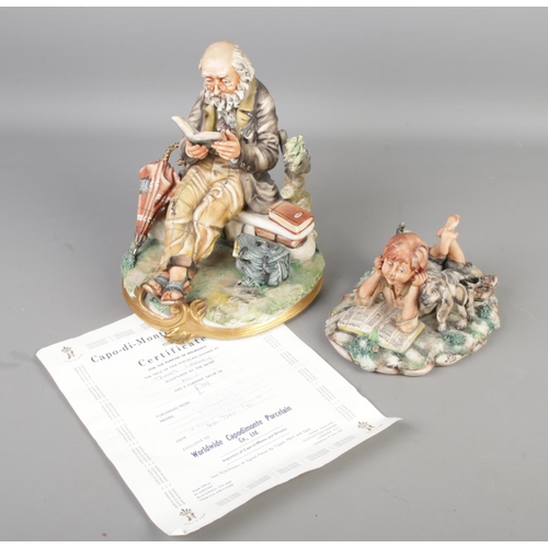 144 - Two Capodimonte figures, both by Milio. One of a man seated on a bench reading a book, the other of ... 