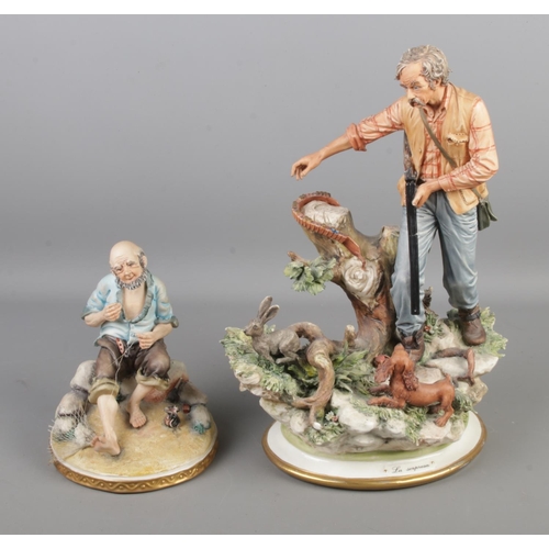 148 - Two Capodimonte figures. One modelled as a hunter by Sandro, the other a fisherman making a net. Tal... 