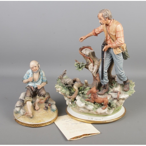 148 - Two Capodimonte figures. One modelled as a hunter by Sandro, the other a fisherman making a net. Tal... 