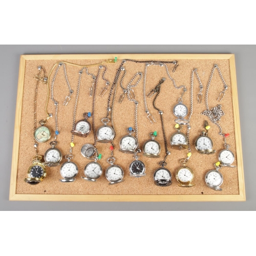 20 - A tray of 18 modern pocket watches, most with chains, to include Ravel, railway, Irish souvenir and ... 