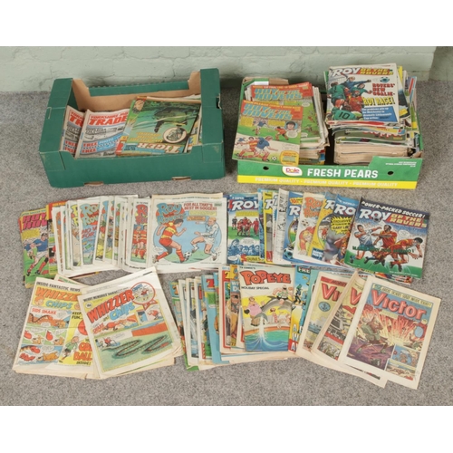 180 - Two boxes of assorted vintage comics to include large collection of Roy of the Rovers, Whizzer and C... 