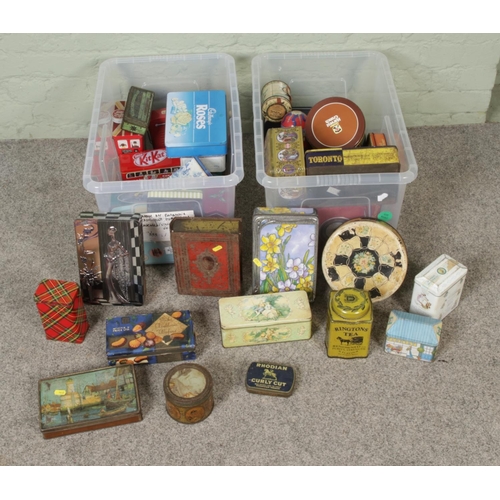 185 - Two boxes of vintage advertising and collectors tins to include Ringtons, Rhodian Tobacco, biscuit a... 