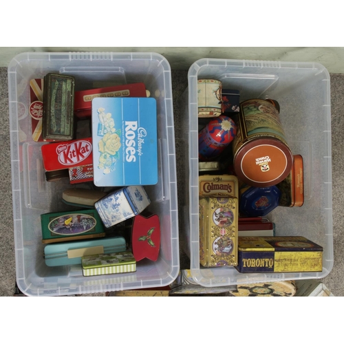 185 - Two boxes of vintage advertising and collectors tins to include Ringtons, Rhodian Tobacco, biscuit a... 