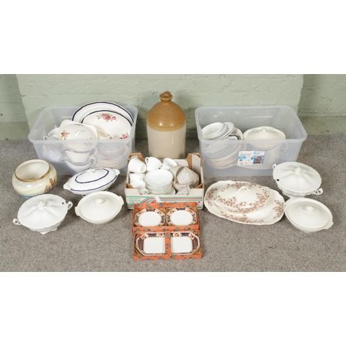 191 - Three boxes of mainly ceramics. To include a collection of lidded tureens, part tea services, Midwin... 