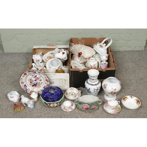 195 - Two boxes of mixed ceramics, various makers Masons, Royal Crest, Aynsley etc, including decoration p... 