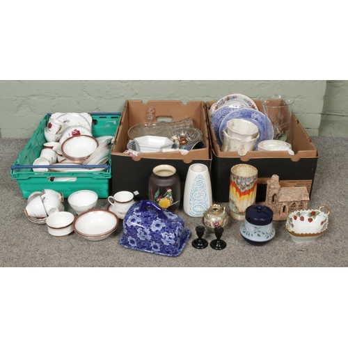 197 - Three boxes of collectable ceramics & glasses, various makers Spode, Paragon, Royal Stafford, Sylvac... 