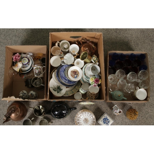 227 - Three boxes of miscellaneous. Includes Victorian teapot, Charlotte Rhead trinket box (AF), small cop... 