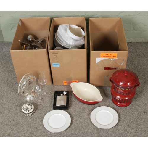 238 - Three boxes of miscellaneous glass and ceramics to include West German Rumtopf jar, Denby, Pyrex, Fa... 