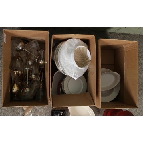 238 - Three boxes of miscellaneous glass and ceramics to include West German Rumtopf jar, Denby, Pyrex, Fa... 