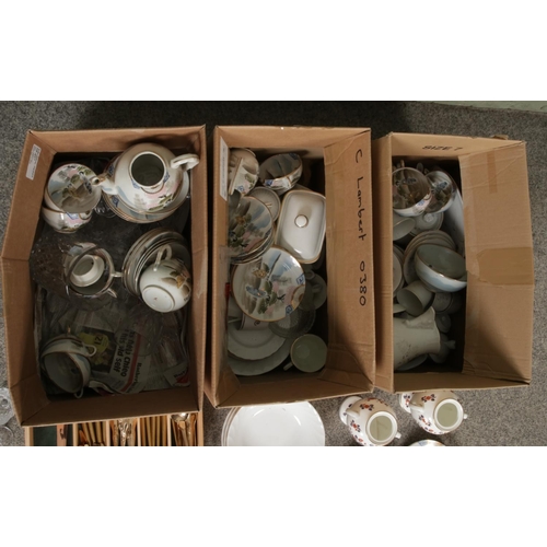 239 - Three boxes of miscellaneous to include Aynsley Bird of Paradise, oriental style tea service, crysta... 