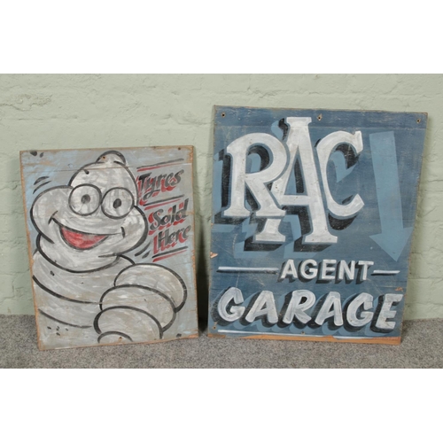 254 - Two hand painted vintage signs including an RAC Agent Garage sign and a Tyres Sold Here sign