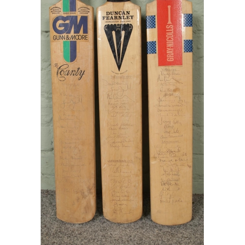 279 - Three cricket autograph bats displaying signatures from various county teams, mainly Yorkshire. Incl... 