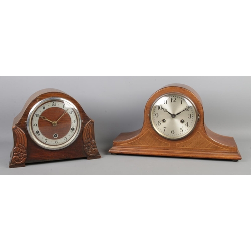 43 - Two mantel clocks, including DRGM example with banded inlay which chimes on a coiled gong.