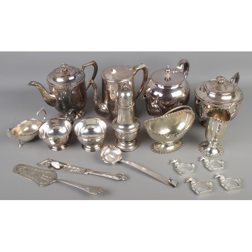 45 - Collection of Silver Plated items, including tea service, teapots, gravy boat and sugar castor etc.