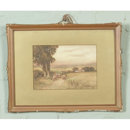 306 - A framed watercolour with gilt border depicting sheep grazing within a field, with farm building to ... 