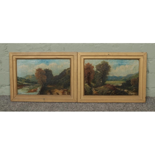 308 - A pair of framed oil on canvas painting depicting countryside scenes both signed T Wells. 37cm x 27c... 