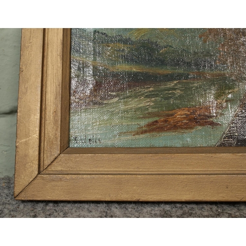 308 - A pair of framed oil on canvas painting depicting countryside scenes both signed T Wells. 37cm x 27c... 