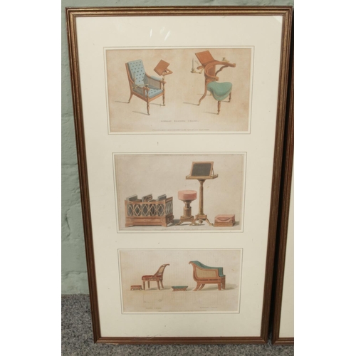 316 - Two sets of three framed prints from Ackermann's Repository of Arts series depicting items furniture... 