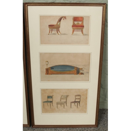 316 - Two sets of three framed prints from Ackermann's Repository of Arts series depicting items furniture... 