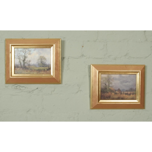 328 - James Wright (1935-), a small pair of gilt framed oils on panel, landscape scenes. 12cm x 17cm.