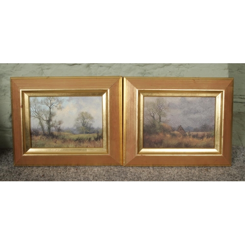 328 - James Wright (1935-), a small pair of gilt framed oils on panel, landscape scenes. 12cm x 17cm.