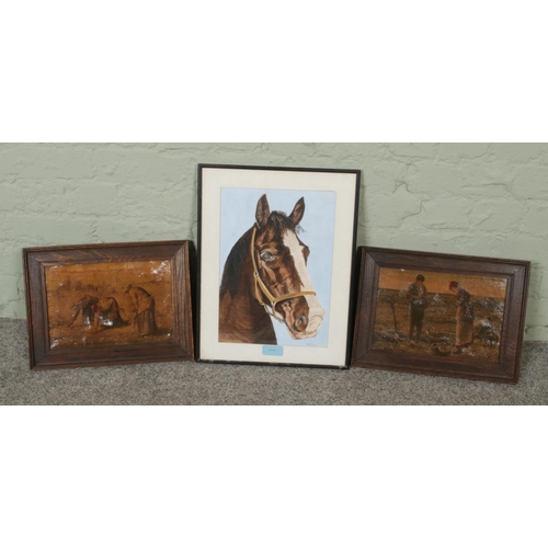 334 - A vintage framed horse watercolour with two Millet framed prints, watercolour signed at the corner, ... 