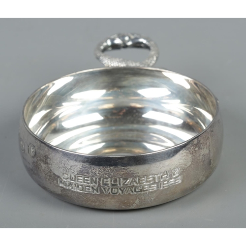 395 - A Twentieth Century silver tastevin, with the handle formed from two serpents. Bearing commemorative... 