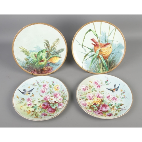 397 - Two pairs of hand painted cabinet plates featuring birds in nature with gilt borders to include Bodl... 