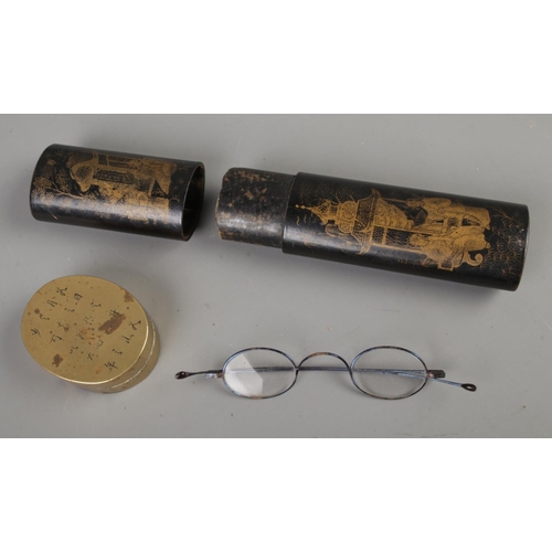 398 - A Kiseru-zutsu style case housing a pair of spectacles with a brass ink box with Chinese character m... 