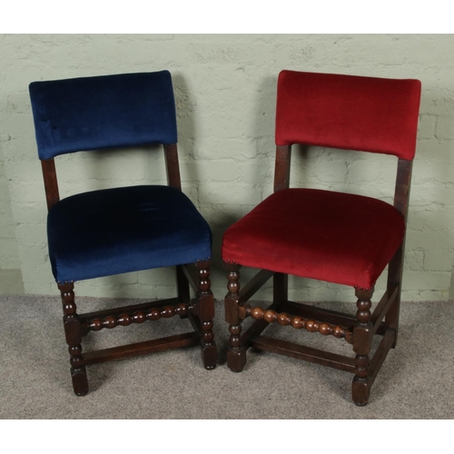 443 - Pair of late 19th century oak chairs, with refurbished velvet seat on turned and block legs, height ... 