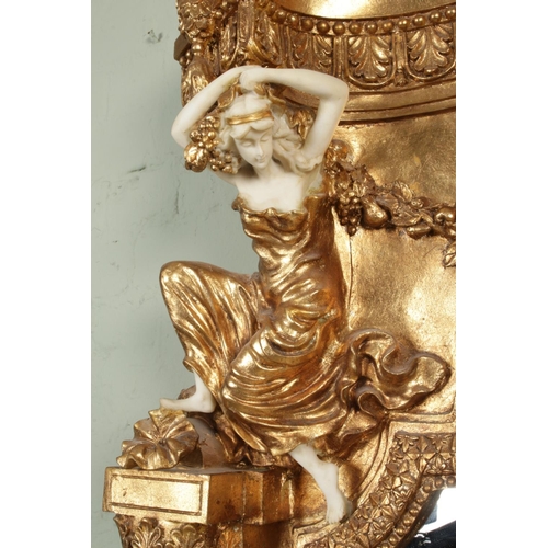 454 - A Rococo style gilt wood console table and matching mirror, with white marble top and figural decora... 