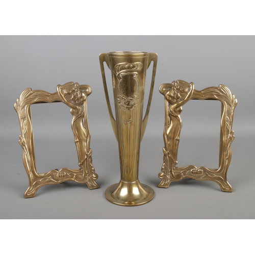 92 - A pair of brass Art Nouveau picture frames together with a Beldray Brass Art Nouveau vase