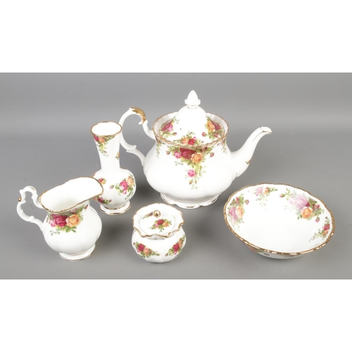 95 - Five pieces of Royal Albert Old Country Roses ceramics to include tea pot, posy vase, bowl, etc.