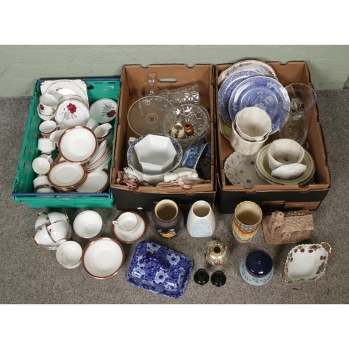 197 - Three boxes of collectable ceramics & glasses, various makers Spode, Paragon, Royal Stafford, Sylvac... 