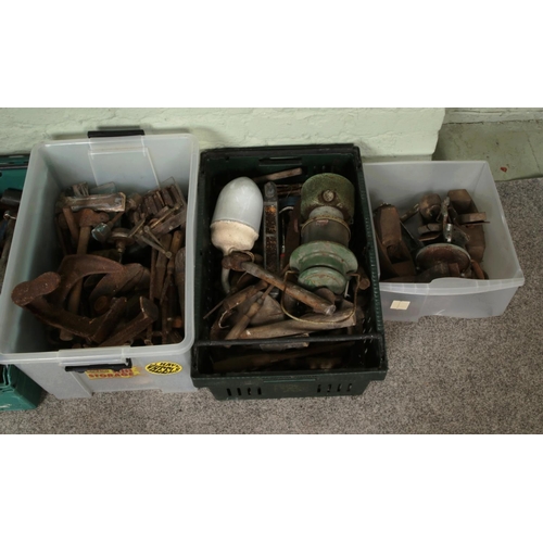 210 - Five boxes of mixed vintage tools, including hammers, planes, hand saw, chisels, metal bits, a teles... 