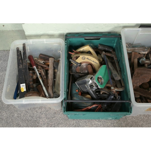 210 - Five boxes of mixed vintage tools, including hammers, planes, hand saw, chisels, metal bits, a teles... 