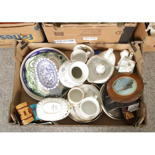 246 - Four boxes of miscellaneous, including mixed ceramics, metalware and hand painted pottery etc.