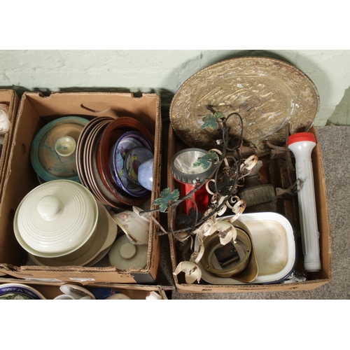 246 - Four boxes of miscellaneous, including mixed ceramics, metalware and hand painted pottery etc.