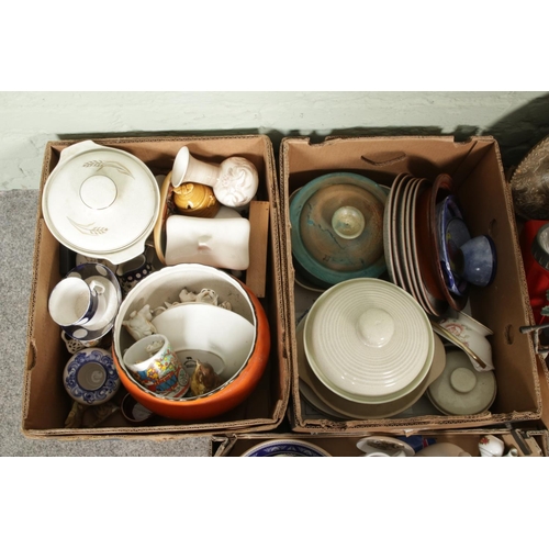 246 - Four boxes of miscellaneous, including mixed ceramics, metalware and hand painted pottery etc.