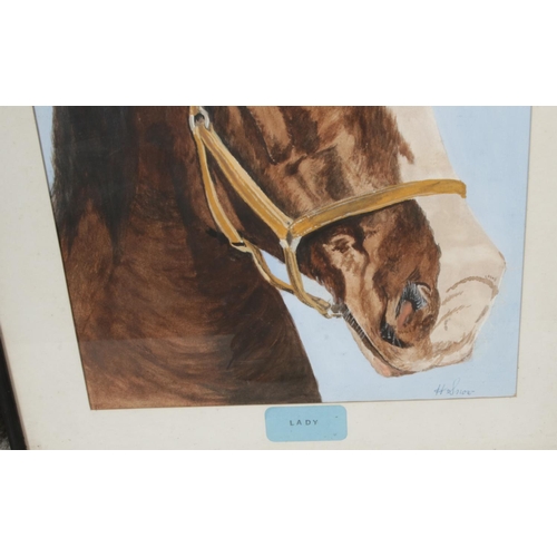 334 - A vintage framed horse watercolour with two Millet framed prints, watercolour signed at the corner, ... 