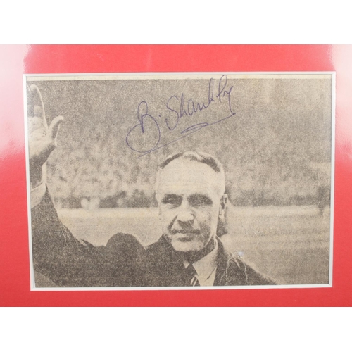 162 - A mounted and signed footballing display featuring Liverpool manager Bill Shankly, with large photog... 