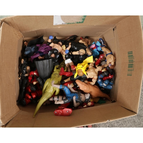 252 - A box of assorted children's action figures to include Superman, Scarlet Witch, WWE, Groot, Mr. Incr... 