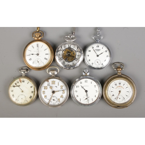 102 - Seven pocket watches, including Ingersoll, J. Dent and Sekonda examples.