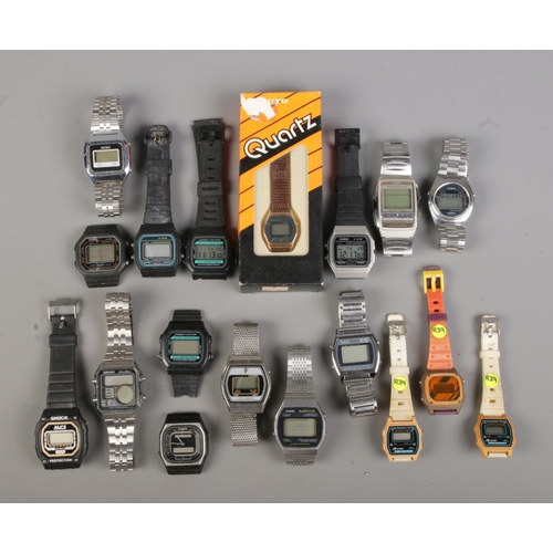 104 - A box of assorted digital wristwatches, to include examples from Casio, Seiko and Pulsar.