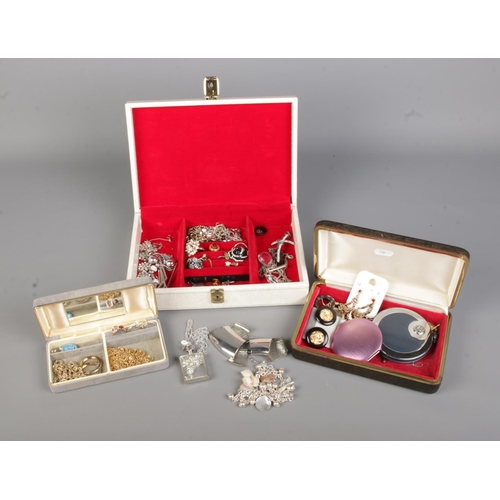 110 - Three jewellery boxes with contents of assorted costume jewellery to include bracelets, rings, cuffl... 