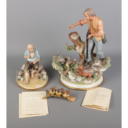 146 - Three Capodimonte ceramic figures to include 'Surprised Hunter' by Sando, B.29 'Three Bird on Branch... 