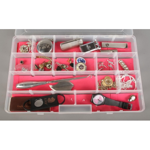 25 - A box of collectables, featuring five S925 silver bracelets, an 800 silver button hook, vintage ciga... 